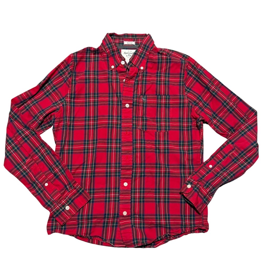Abercrombie & Fitch Mens Red Plaid Muscle Fit Button Down Shirt Size M Cotton